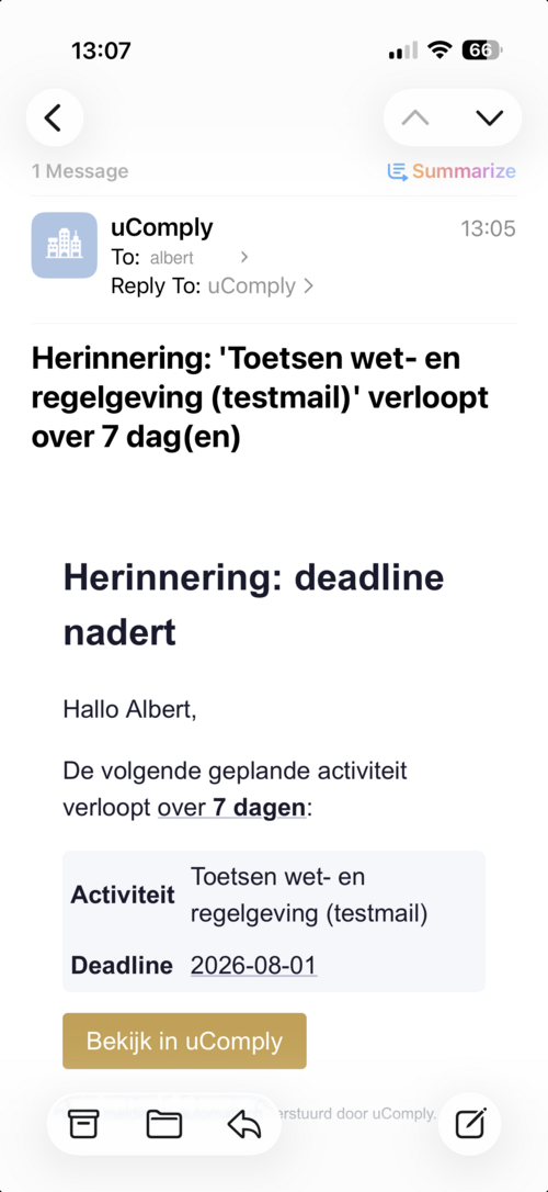 Voorbeeld van een uComply reminder e-mail op de telefoon