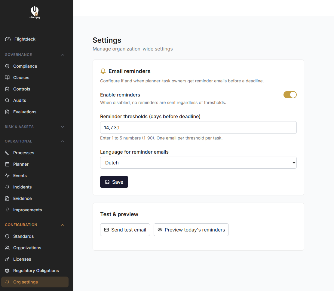 uComply reminder-instellingen op organisatieniveau
